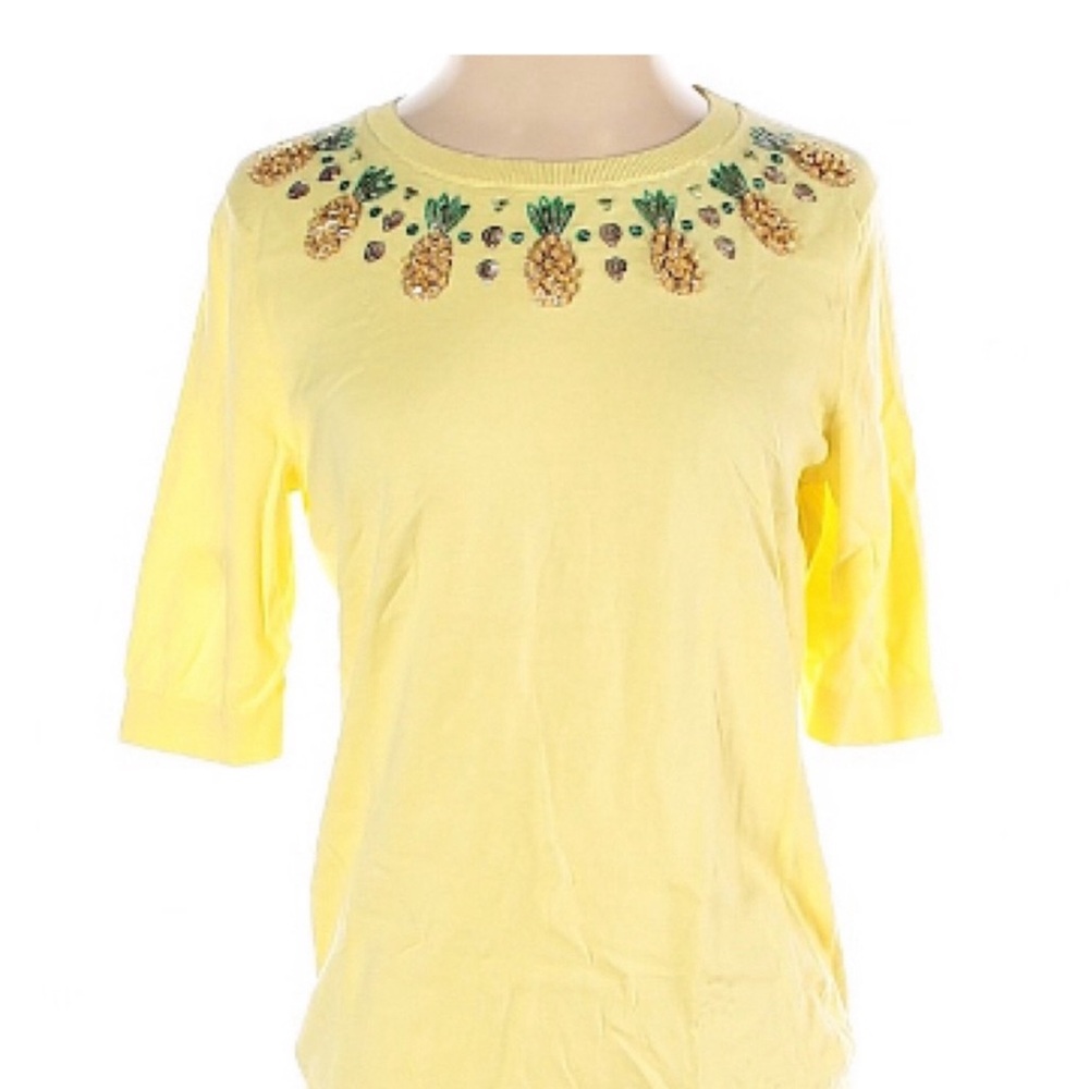Talbots Yellow With Sequin Pineapple Design Collar Light Weight Sweater- XL
